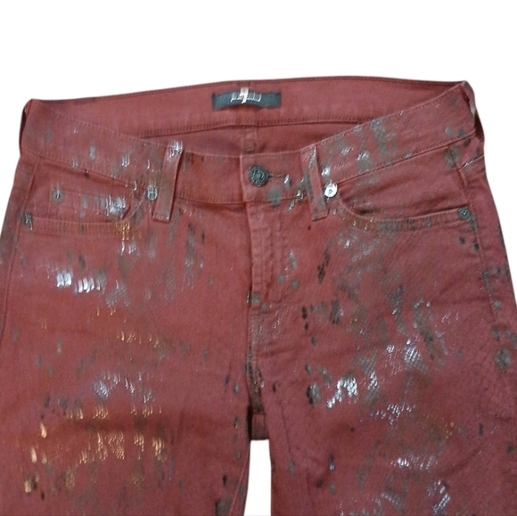 7 For All Mankind Burgundy Metallic Snakeskin Stretch Skinny Jeans size 27 - Picture 3 of 8